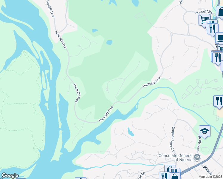 map of restaurants, bars, coffee shops, grocery stores, and more near 20 Cliffside Crossing Northeast in Sandy Springs