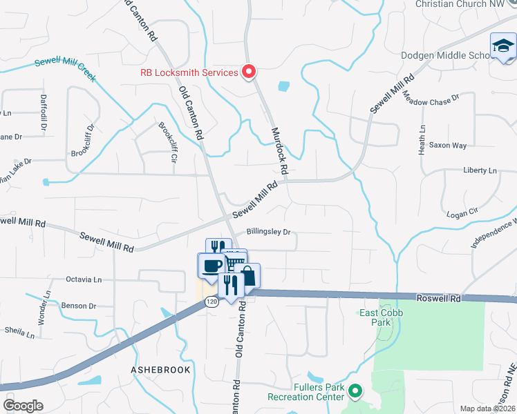 map of restaurants, bars, coffee shops, grocery stores, and more near 3134 Sewell Mill Road in Marietta