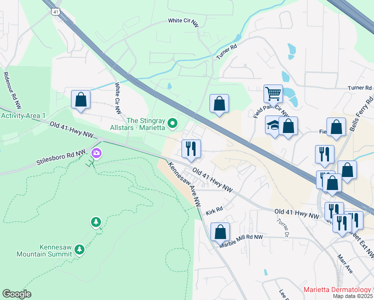 map of restaurants, bars, coffee shops, grocery stores, and more near 496 Springer Bend Northwest in Marietta