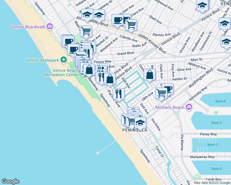 map of restaurants, bars, coffee shops, grocery stores, and more near 2323 Grand Canal in Los Angeles