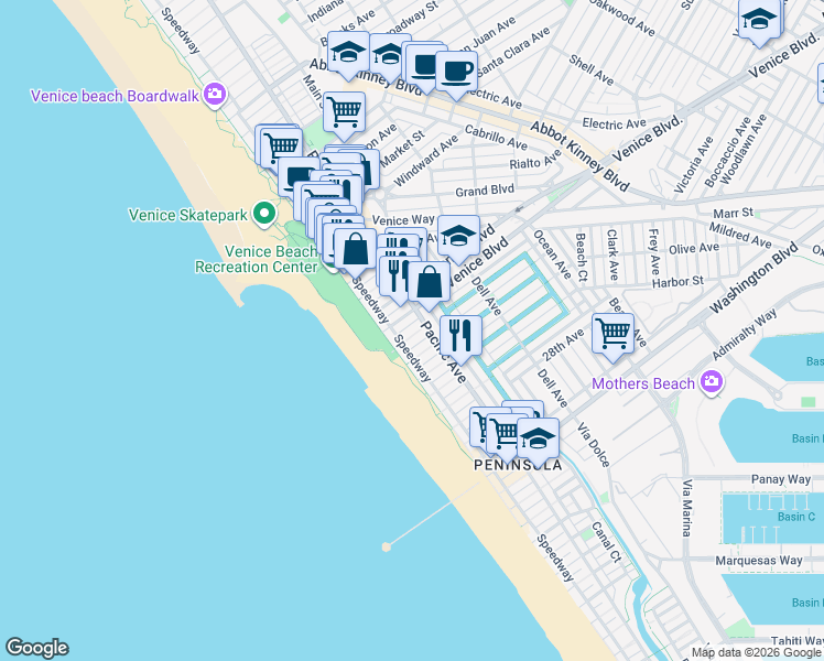 map of restaurants, bars, coffee shops, grocery stores, and more near 29 23rd Avenue in Los Angeles