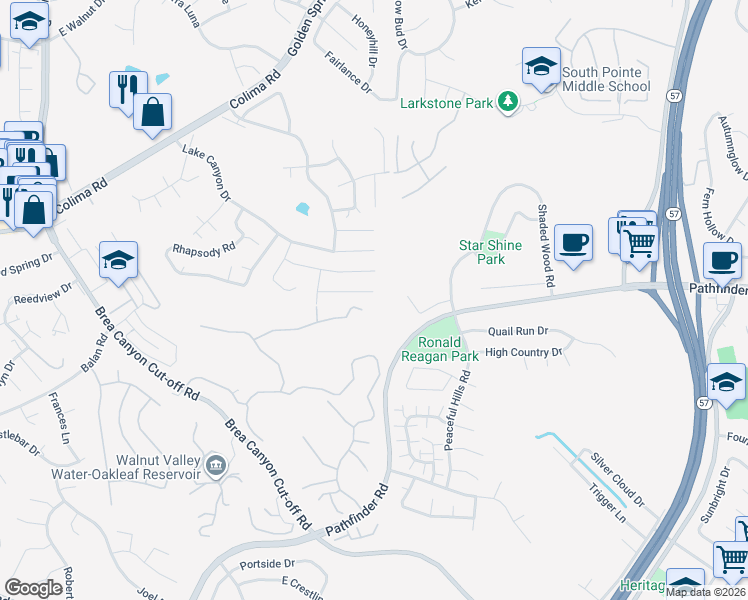 map of restaurants, bars, coffee shops, grocery stores, and more near 20570 Missionary Ridge Street in Walnut