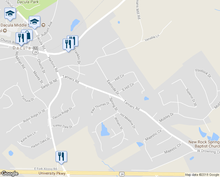 map of restaurants, bars, coffee shops, grocery stores, and more near 537 Eastside Drive in Dacula