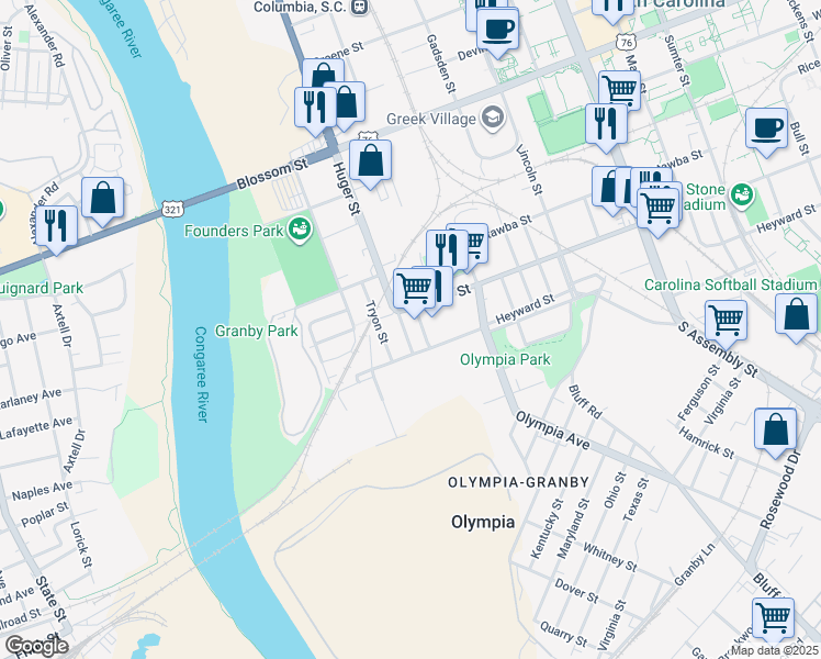 map of restaurants, bars, coffee shops, grocery stores, and more near 117 Huger Street in Columbia