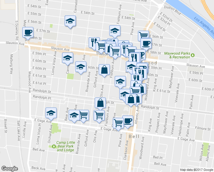 map of restaurants, bars, coffee shops, grocery stores, and more near 4216 E 61st St in Huntington Park