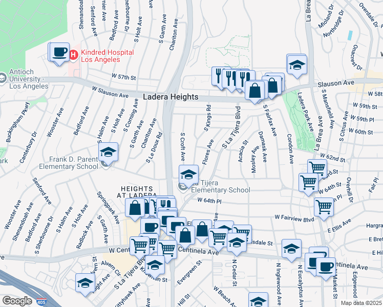 map of restaurants, bars, coffee shops, grocery stores, and more near 6024 South Kings Road in Los Angeles