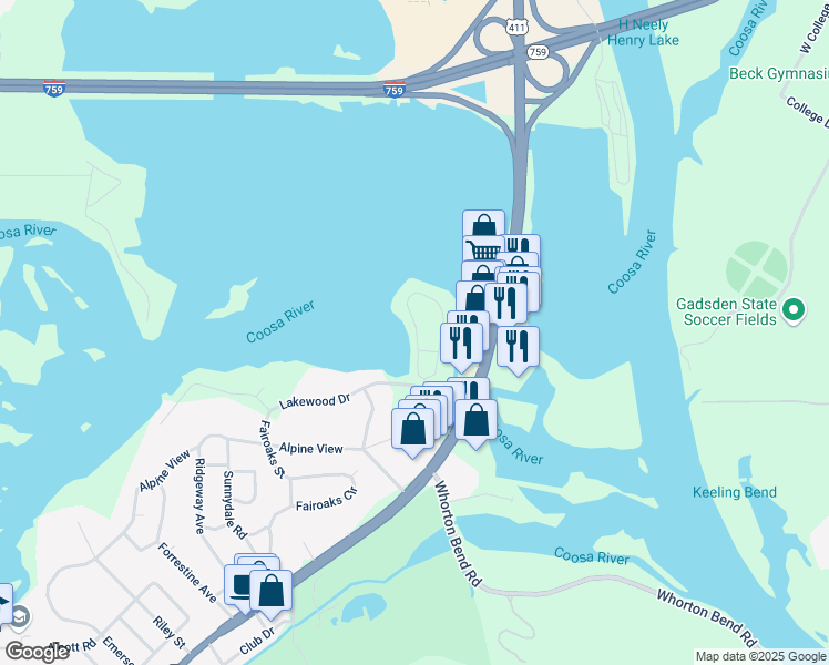 map of restaurants, bars, coffee shops, grocery stores, and more near 341 Lakepoint Drive in Gadsden