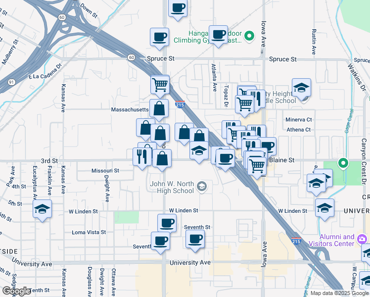 map of restaurants, bars, coffee shops, grocery stores, and more near 3263 Trade Center Drive in Riverside
