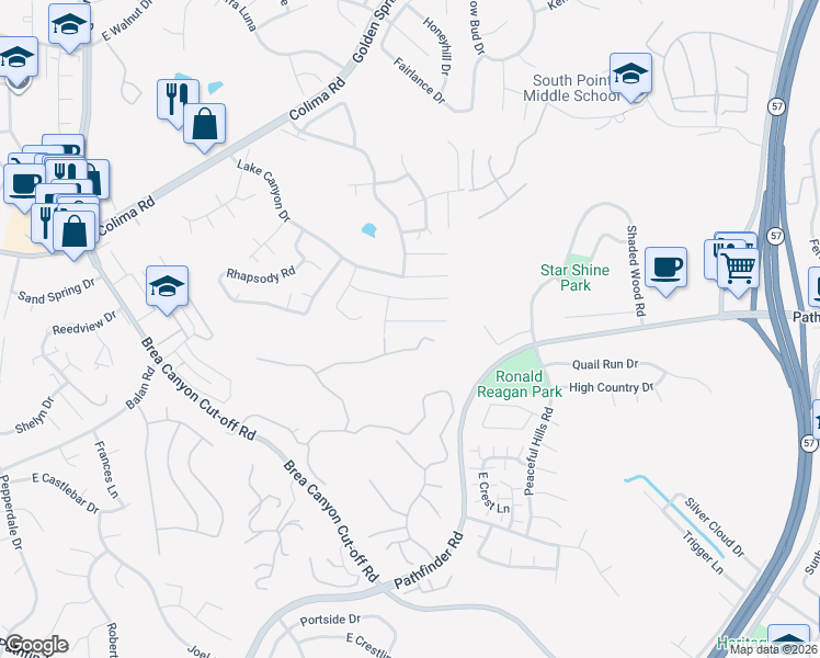 map of restaurants, bars, coffee shops, grocery stores, and more near 20524 Missionary Ridge Street in Walnut