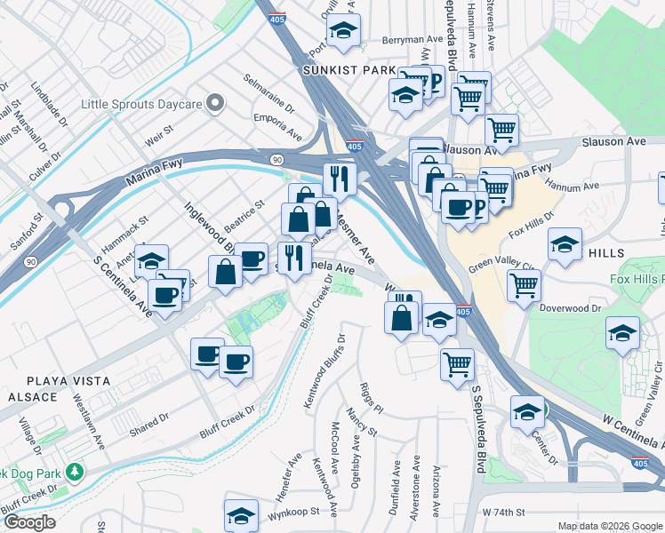 map of restaurants, bars, coffee shops, grocery stores, and more near 12005 Bluff Creek Drive in Los Angeles