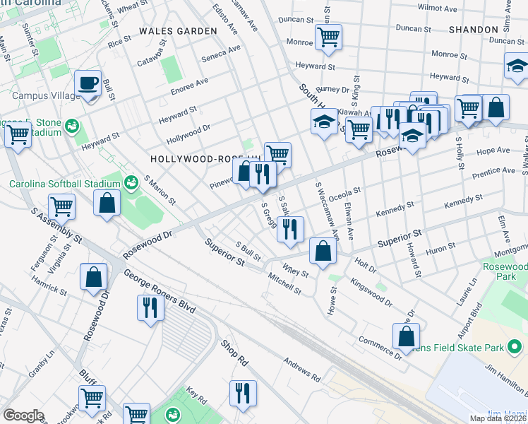 map of restaurants, bars, coffee shops, grocery stores, and more near 412 South Gregg Street in Columbia