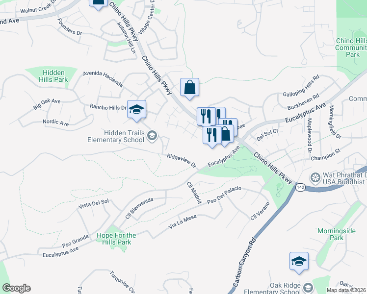map of restaurants, bars, coffee shops, grocery stores, and more near 2400 Ridgeview Drive in Chino Hills