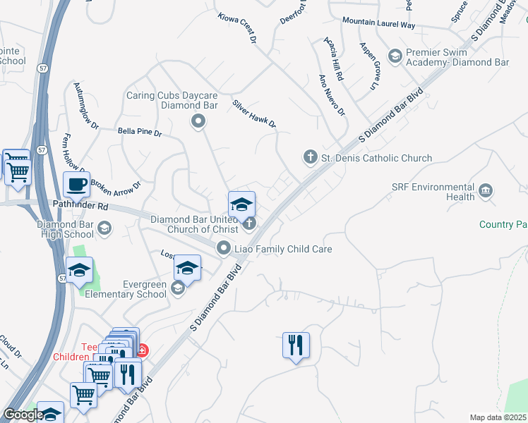 map of restaurants, bars, coffee shops, grocery stores, and more near 2348 Canyon Park Drive in Diamond Bar