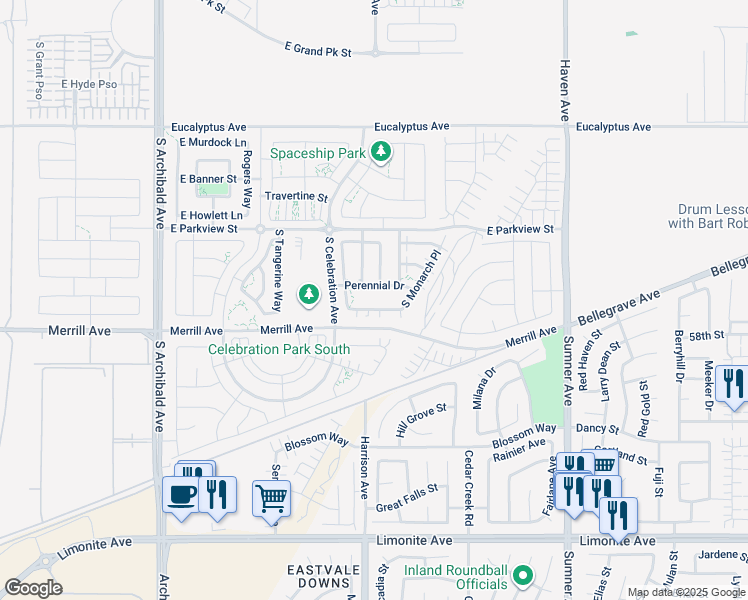 map of restaurants, bars, coffee shops, grocery stores, and more near 3149 East Painted Crescent Street in Ontario