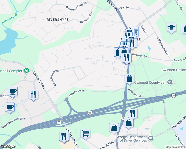 map of restaurants, bars, coffee shops, grocery stores, and more near 231 Muddy River Road in Lawrenceville