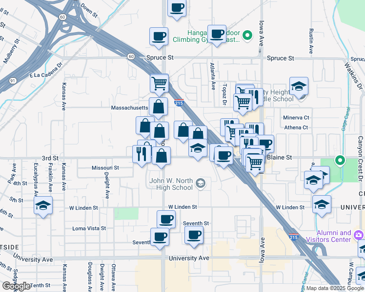 map of restaurants, bars, coffee shops, grocery stores, and more near 3263 Trade Center Dr in Riverside