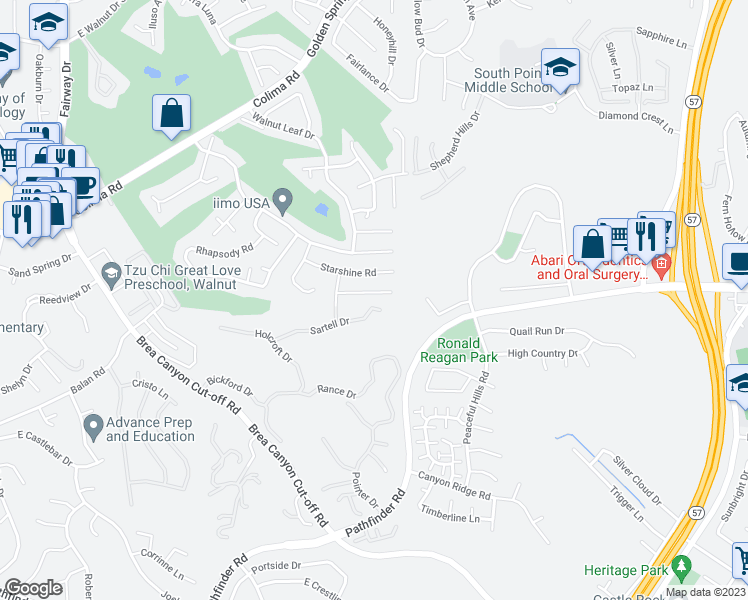 map of restaurants, bars, coffee shops, grocery stores, and more near 20544 Missionary Ridge Street in Walnut