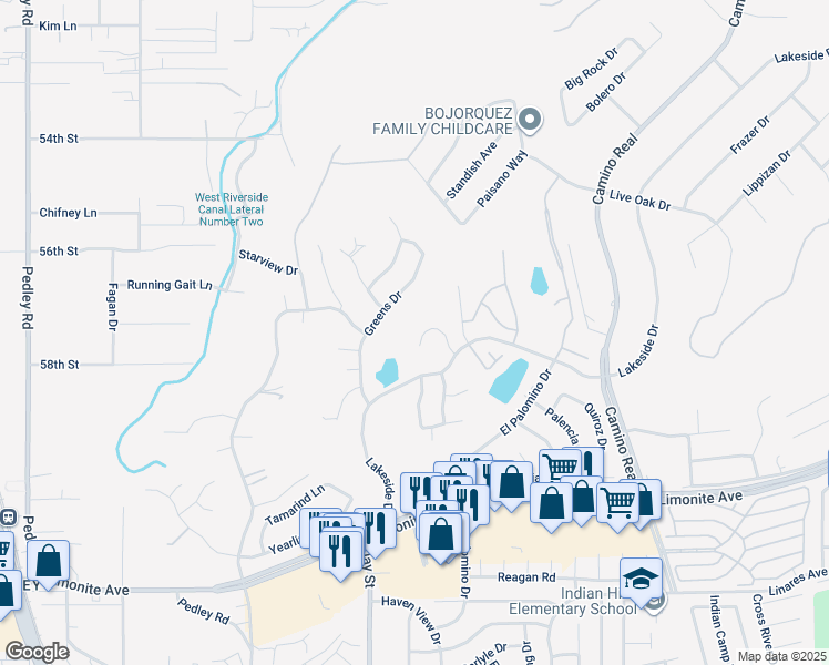 map of restaurants, bars, coffee shops, grocery stores, and more near 5640 Falling Leaf Lane in Riverside