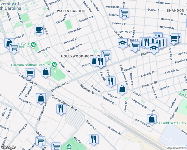 map of restaurants, bars, coffee shops, grocery stores, and more near 160 Rosewood Hills Drive in Columbia