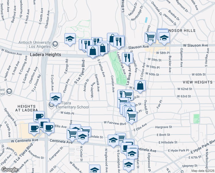 map of restaurants, bars, coffee shops, grocery stores, and more near 6208 South Fairfax Avenue in View Park-Windsor Hills