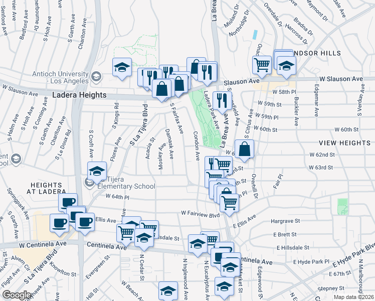 map of restaurants, bars, coffee shops, grocery stores, and more near 6208 South Fairfax Avenue in View Park-Windsor Hills