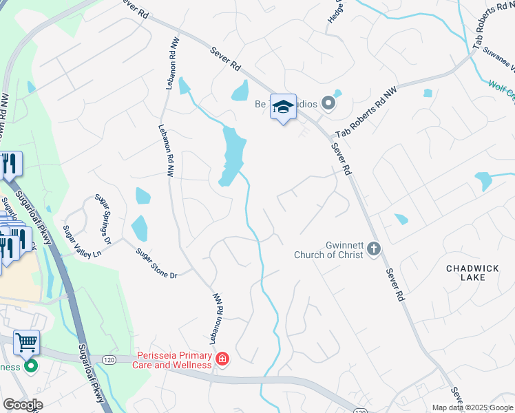 map of restaurants, bars, coffee shops, grocery stores, and more near 2101 Hunters Green Drive Northeast in Lawrenceville