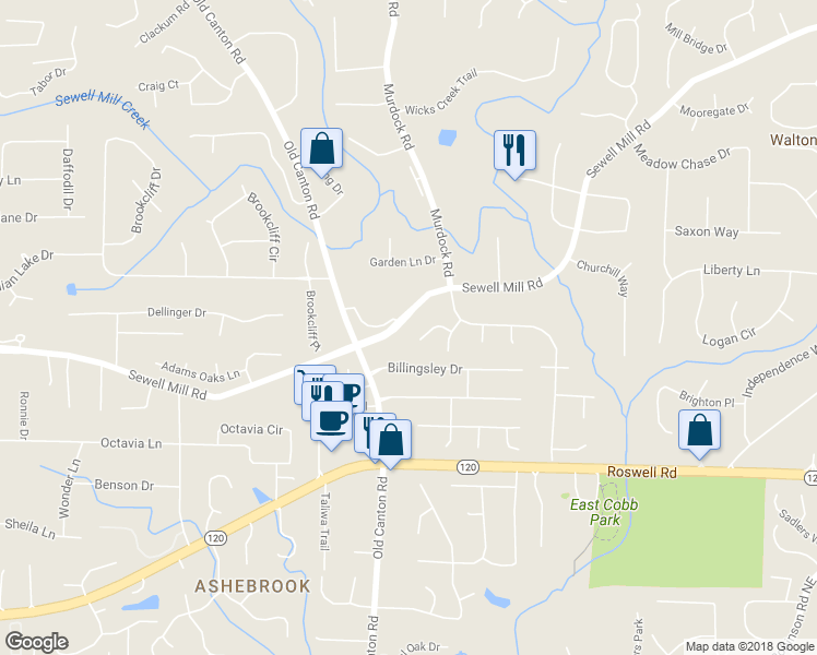 map of restaurants, bars, coffee shops, grocery stores, and more near 3134 Sewell Mill Road in Marietta