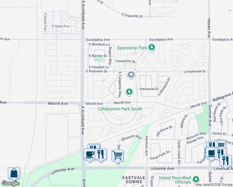 map of restaurants, bars, coffee shops, grocery stores, and more near 4917 South Avocado Trail in Ontario