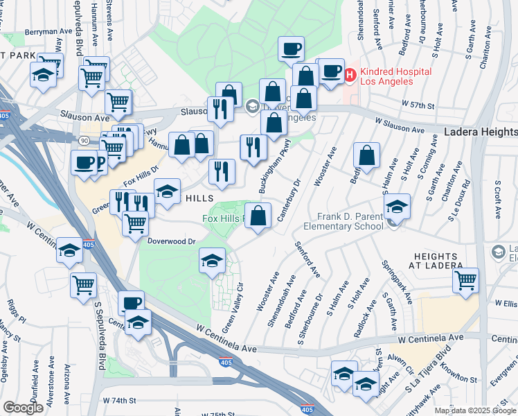 map of restaurants, bars, coffee shops, grocery stores, and more near 6141 Buckingham Parkway in Culver City