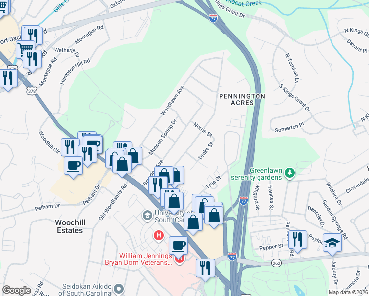 map of restaurants, bars, coffee shops, grocery stores, and more near 1001 Cedar Terrace in Columbia