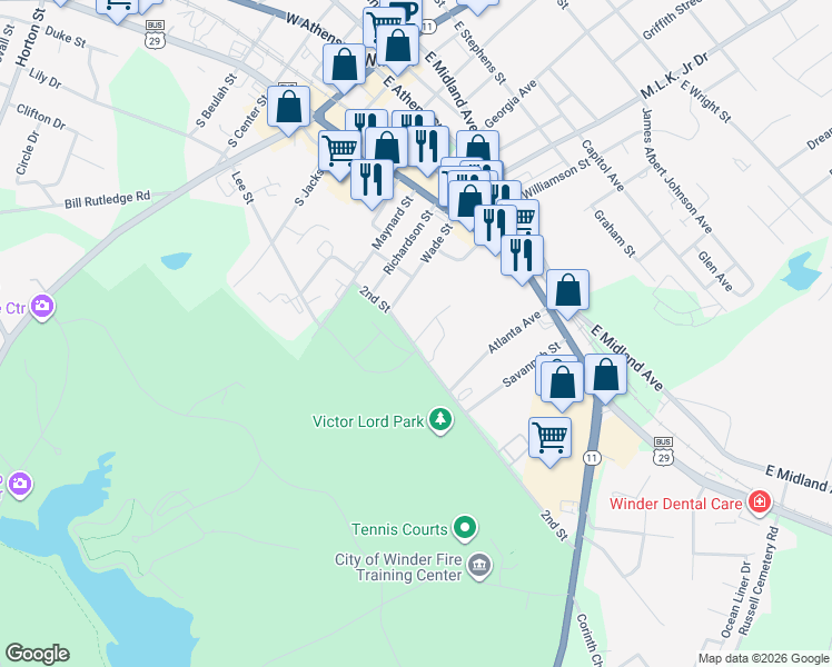 map of restaurants, bars, coffee shops, grocery stores, and more near 120 2nd Street in Winder