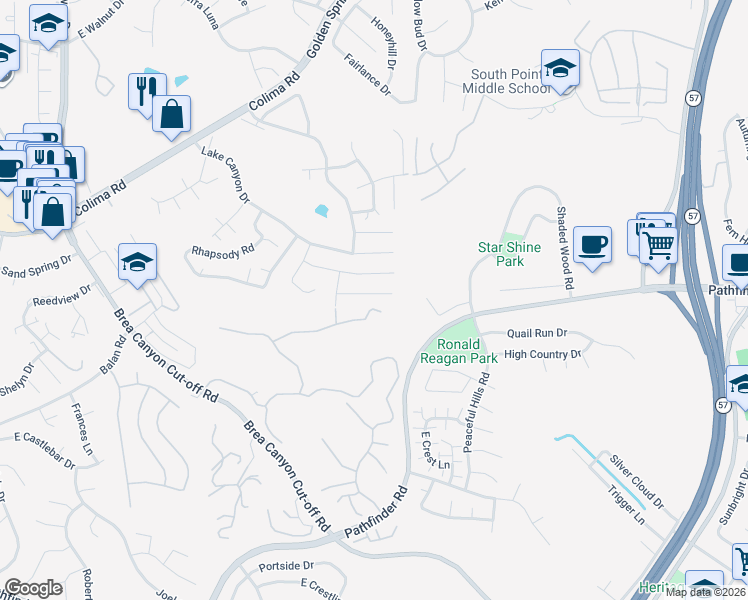 map of restaurants, bars, coffee shops, grocery stores, and more near 20548 Missionary Ridge Street in Walnut