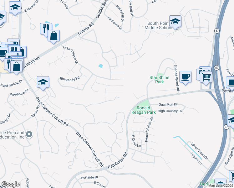 map of restaurants, bars, coffee shops, grocery stores, and more near 20544 Missionary Ridge Street in Walnut