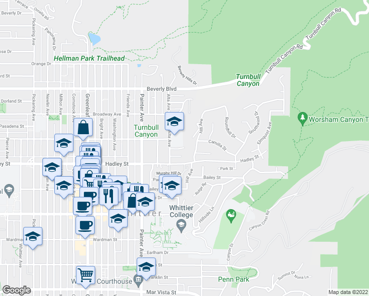map of restaurants, bars, coffee shops, grocery stores, and more near 6324 Alta Ave in Whittier