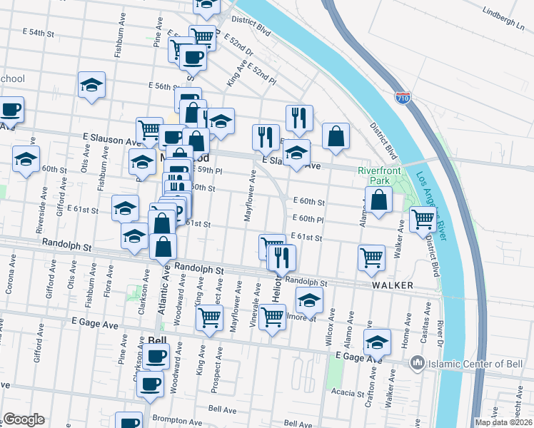 map of restaurants, bars, coffee shops, grocery stores, and more near 6000 Vinevale Avenue in Maywood