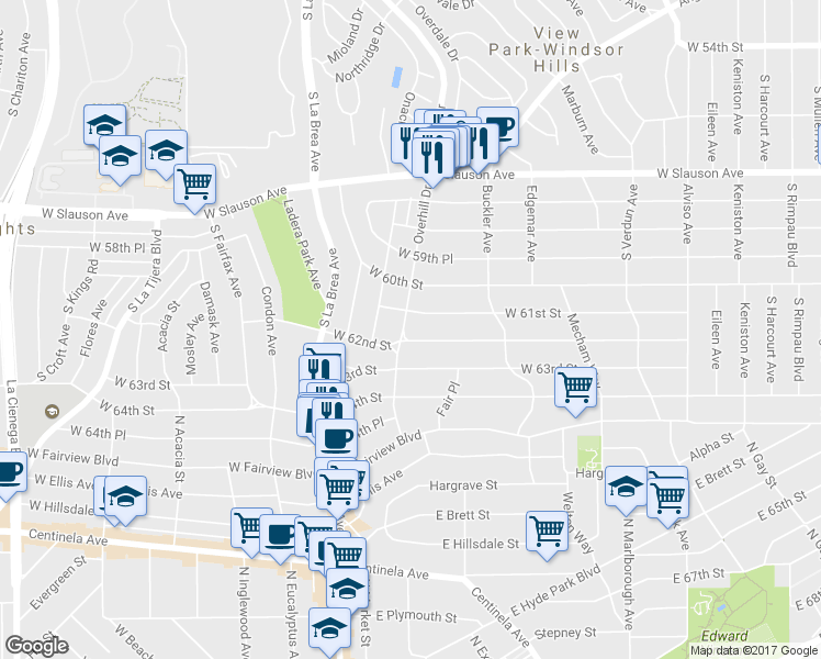 map of restaurants, bars, coffee shops, grocery stores, and more near 6120 Overhill Drive in View Park-Windsor Hills