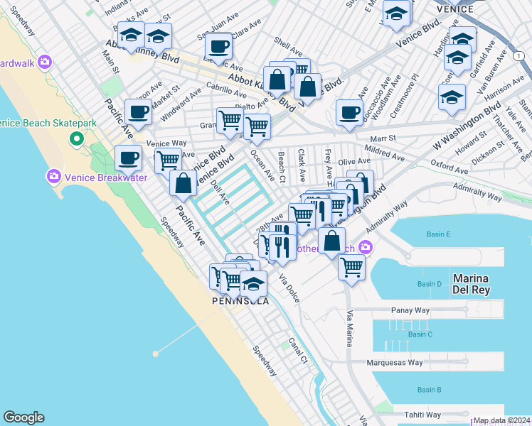 map of restaurants, bars, coffee shops, grocery stores, and more near 442 Sherman Canal in Los Angeles