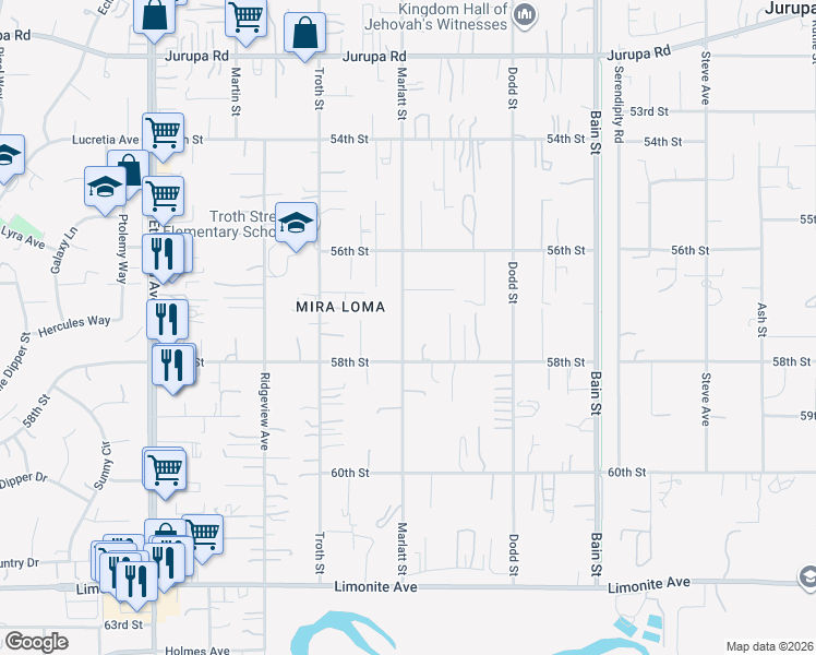 map of restaurants, bars, coffee shops, grocery stores, and more near 5726 Marlatt Street in Jurupa Valley