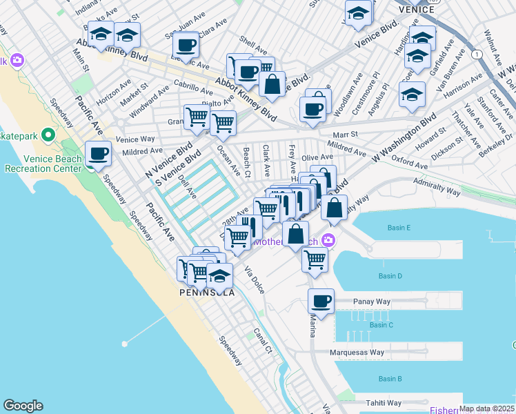 map of restaurants, bars, coffee shops, grocery stores, and more near 2809 Ocean Avenue in Los Angeles