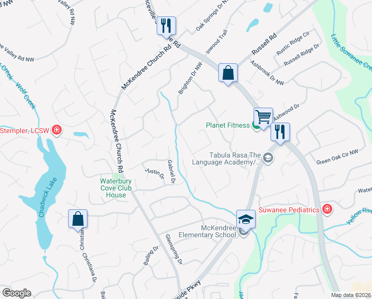 map of restaurants, bars, coffee shops, grocery stores, and more near 1458 Fairview Trail Northwest in Lawrenceville