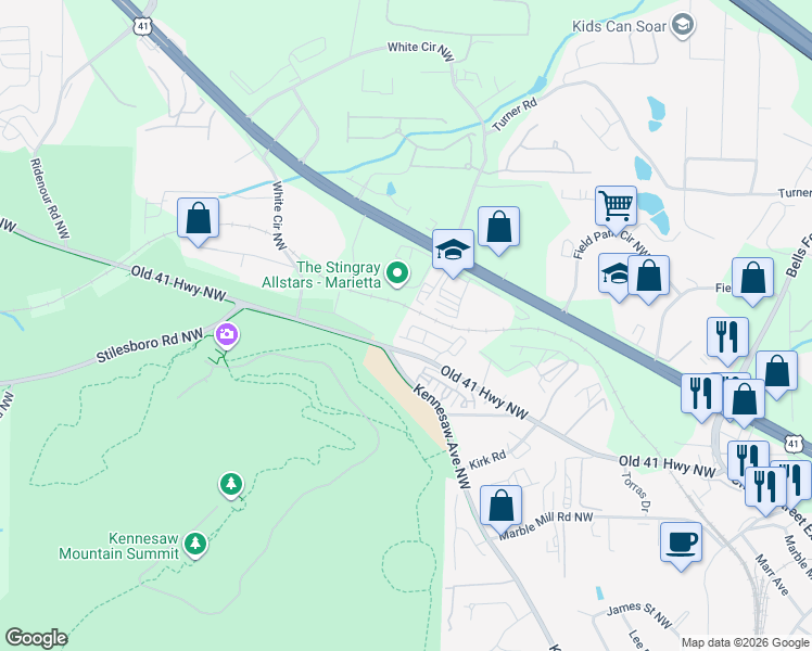 map of restaurants, bars, coffee shops, grocery stores, and more near 522 Springer Bend Northwest in Marietta