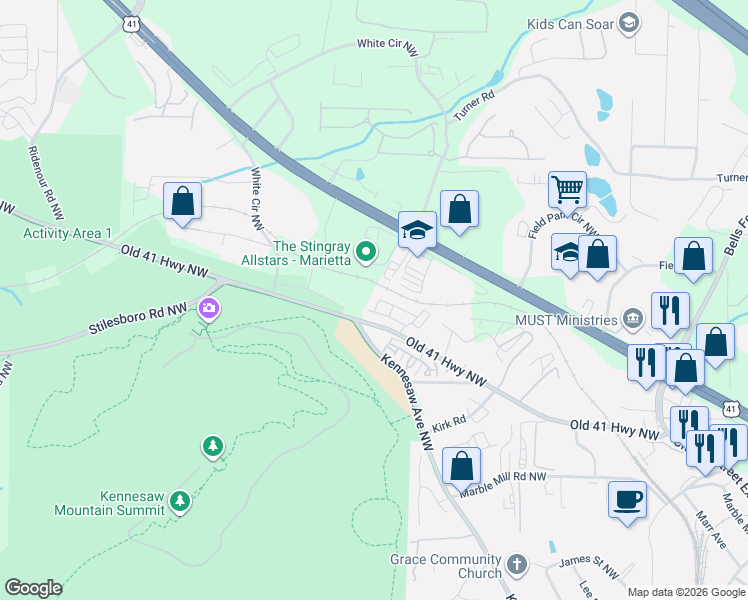 map of restaurants, bars, coffee shops, grocery stores, and more near 522 Springer Bend Northwest in Marietta