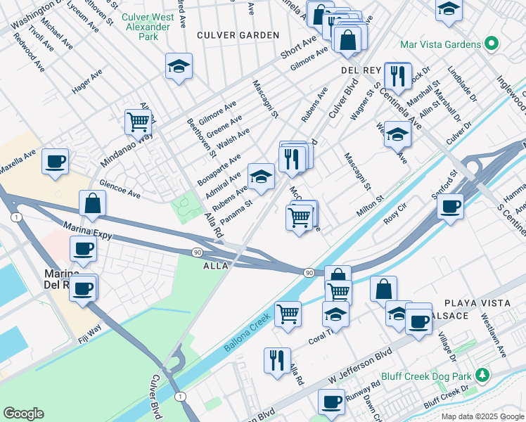 map of restaurants, bars, coffee shops, grocery stores, and more near 12901 Culver Boulevard in Los Angeles