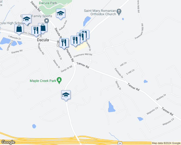 map of restaurants, bars, coffee shops, grocery stores, and more near 2680 Dacula Ridge Drive in Dacula