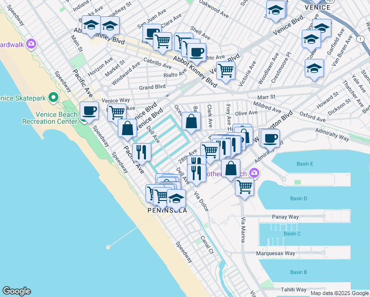 map of restaurants, bars, coffee shops, grocery stores, and more near 450 Sherman Canal in Los Angeles