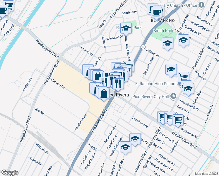 map of restaurants, bars, coffee shops, grocery stores, and more near 8923 Washington Boulevard in Pico Rivera