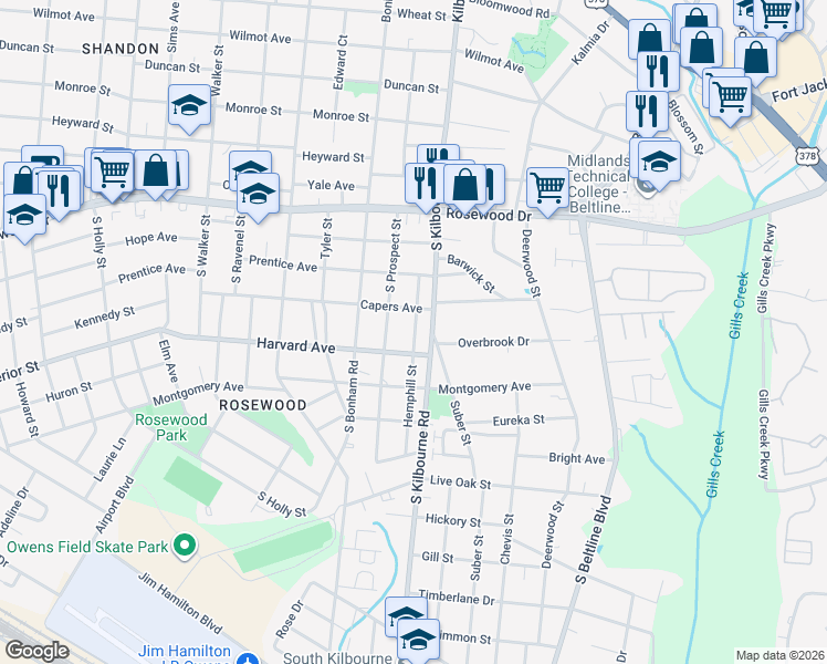 map of restaurants, bars, coffee shops, grocery stores, and more near 509 Hemphill Street in Columbia