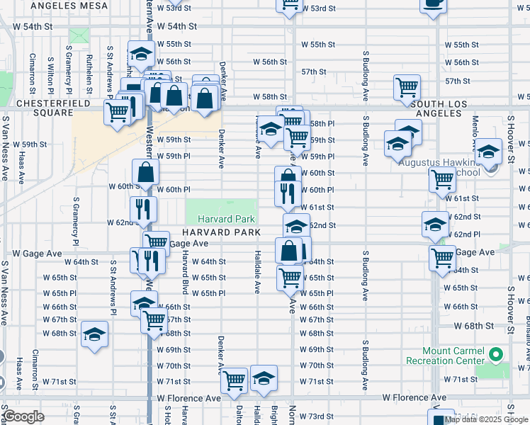 map of restaurants, bars, coffee shops, grocery stores, and more near 1448 West 61st Street in Los Angeles