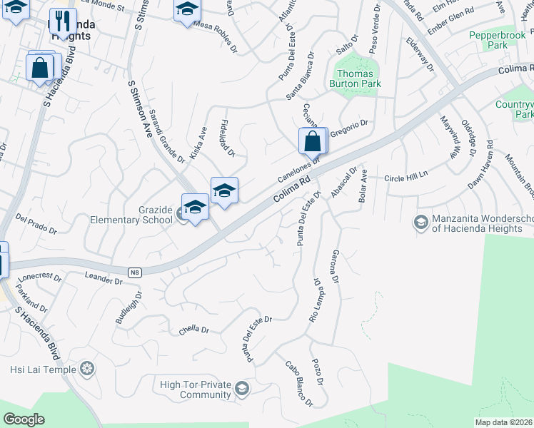 map of restaurants, bars, coffee shops, grocery stores, and more near 16279 Sierra Ridge Way in Hacienda Heights