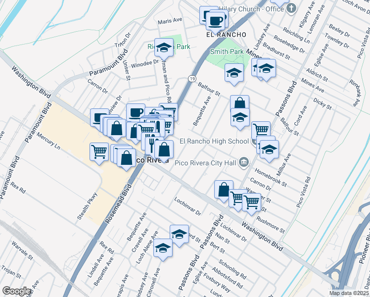 map of restaurants, bars, coffee shops, grocery stores, and more near 6610 Bequette Avenue in Pico Rivera